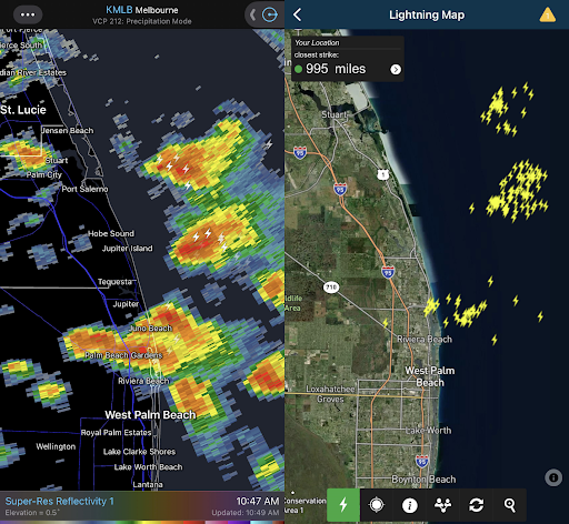 RadarScope (left) and Weatherbug (right) show lightning detected in thunderstorms near West Palm Beach, Florida. The two apps display different types of lightning data, so there are differences in the lightning counts shown.