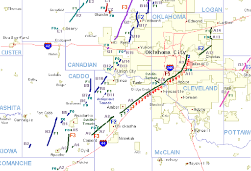 Image: Tornado paths and damage ratings during the May 3, 1999 tornado outbreak in central Oklahoma.   Credit: National Weather Service Forecast Office in Norman, Oklahoma (link: bigmap.gif)