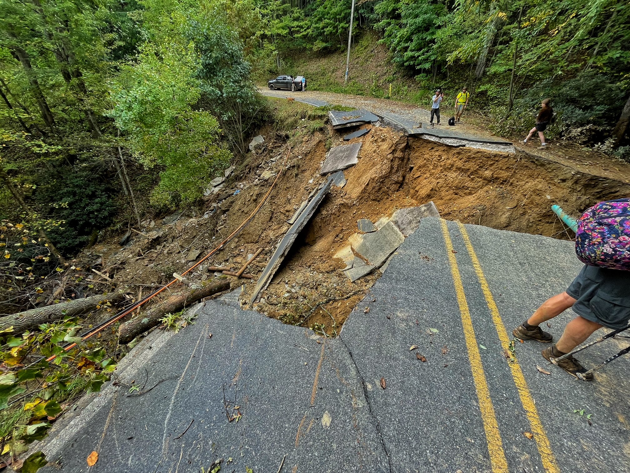 A major washout on the asphalted part of the road we used to evacuate from the B&B.