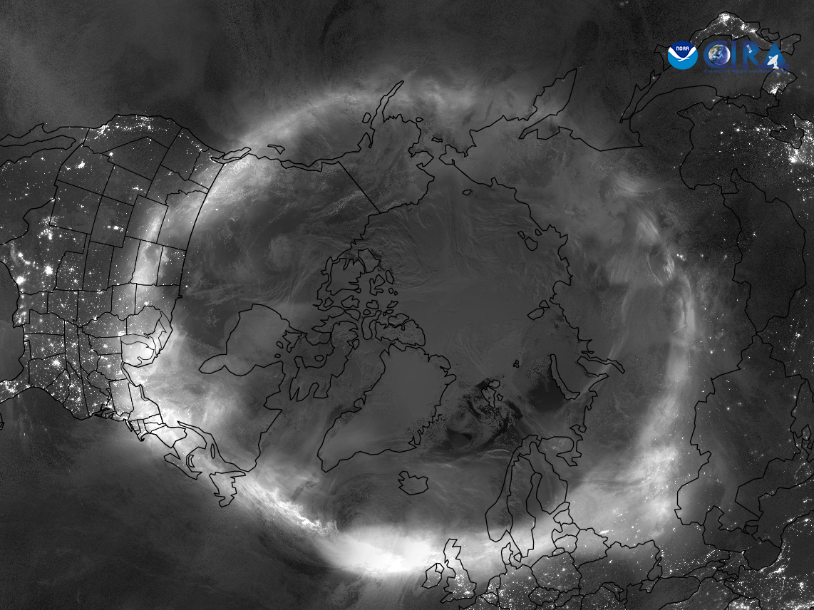 There is always an oval of auroras surrounding the geomagnetic poles of the Earth. The ones on May 10, 2024 were especially intense. They were captured by a group of NOAA/NASA polar orbiting satellites. Because of the nearer orbit (compared for example to GOES satellites that are commonly used to view our meteorological conditions), only a stripe is captured on each pass. The image here provided by NASA is a composite of images captured during an eight-hour stretch from the evening of May 10 to the morning of May 11. Notice that the North Pole is in the middle and North America is on the left side. More information can be found at https://www.nesdis.noaa.gov/news/northern-lights-over-the-north-pole