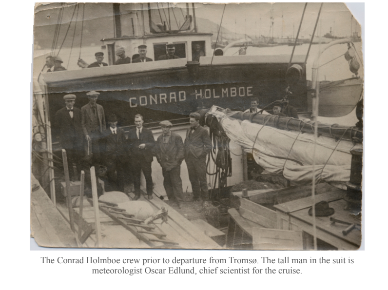 The Conrad Holmboe crew prior to departure from Tromso. The tall man in the suit is meteorologist Oscar Edlund, chief scientist for the cruise.