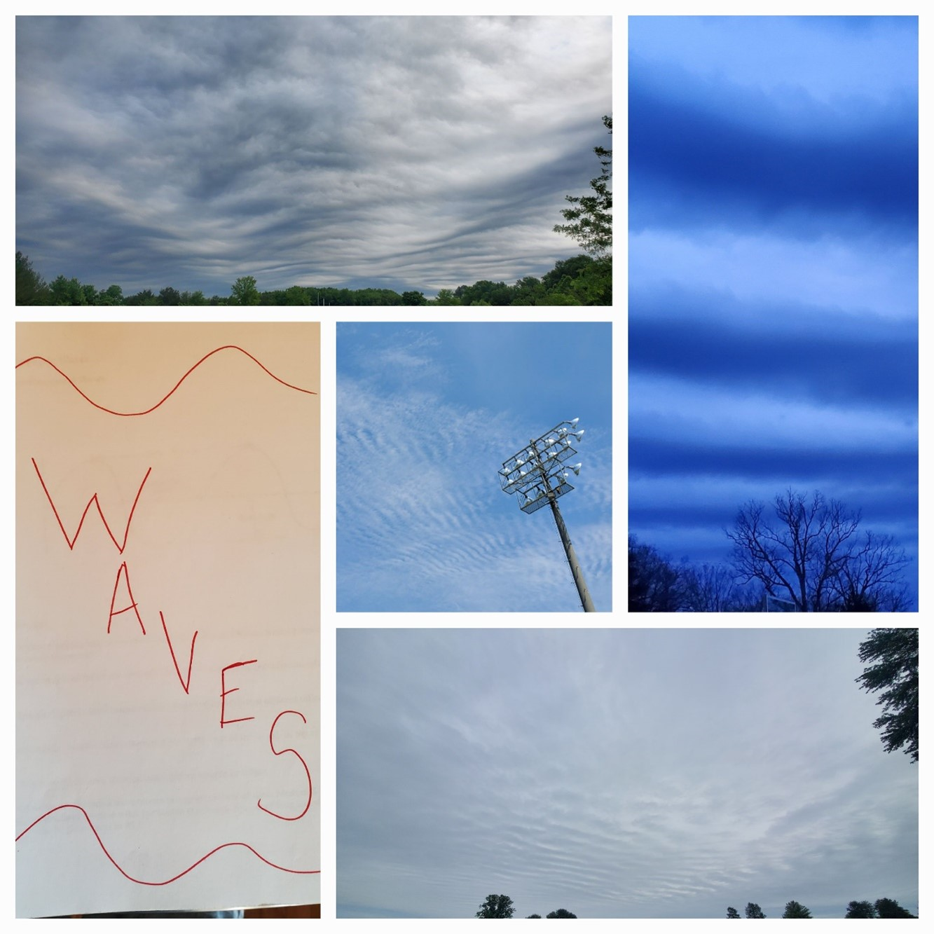 Figure 1: Various stable waves made visible by different cloud types. The random picture of the word “waves” came from my Synoptic Meteorology undergraduate notebook further illustrating atmospheric business via waves.