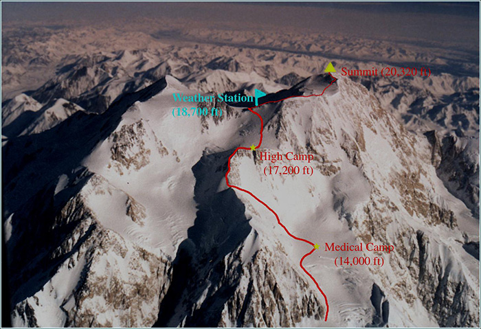 Photo of the summit of Denali with writing and lines showing the climbing camp and route to the top