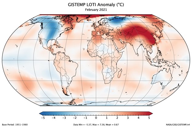 map of the world with gridlines and blue and red hotspots showing high and low temperatures