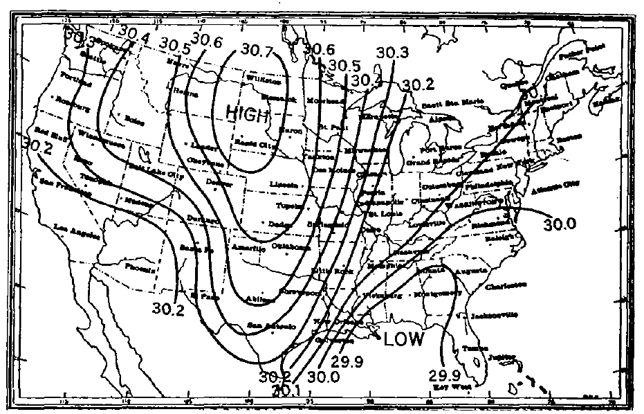 Map of the United States with lines showing barometric pressure measurements