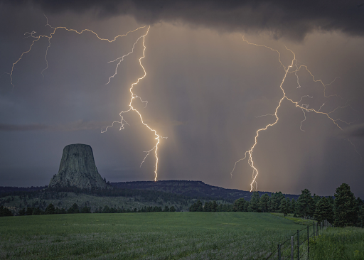 “Lighting Up the Tower” by Laura Hedien, 2022 Weather Band Photo Contest winner in the Member’s Choice category, was taken 18 June, 2019, near Devil’s Tower National Monument in Wyoming.