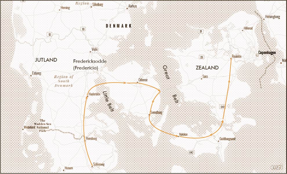 Map of Denmark and Sweden showing the route that the Swedish army took across the ice