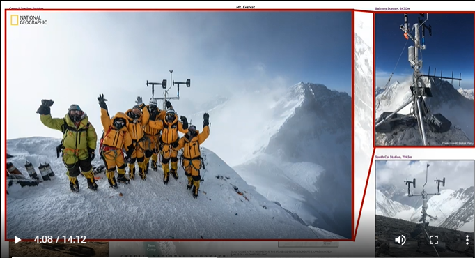 Team of scientists in yellow jackets celebrate summiting Mount Everest with their weather station