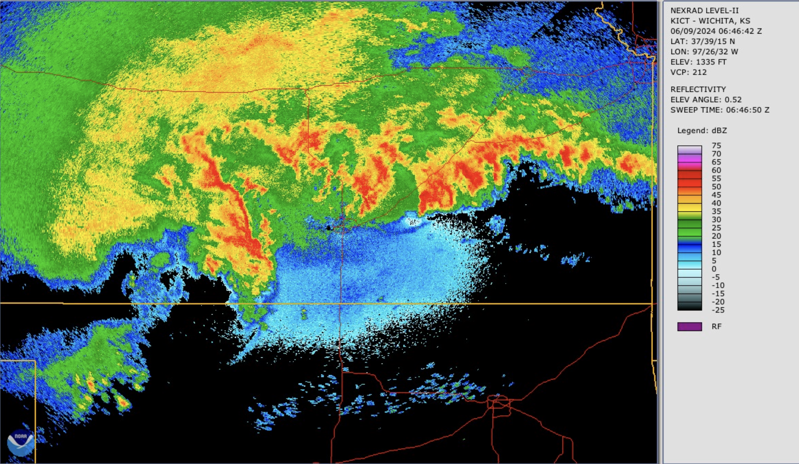 The corresponding radar base reflectivity image for 0646 UTC 09 June shows the heavy precipitation associated with convective cells and a large area of stratiform precipitation on the west and northwest side of the MCS.