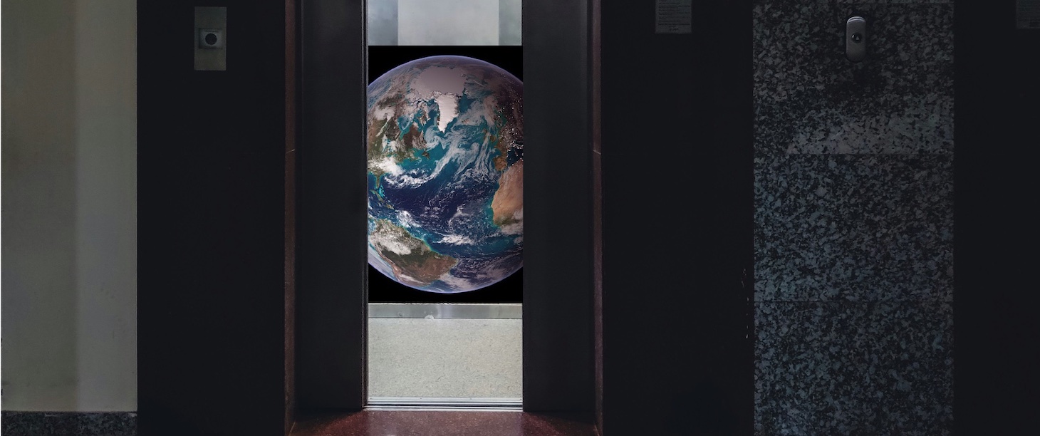 Illustration by Bob Henson; elevator photo [CREDIT INFO]; satellite image from NASA/Reto Stöckli based on data from NASA and NOAA.