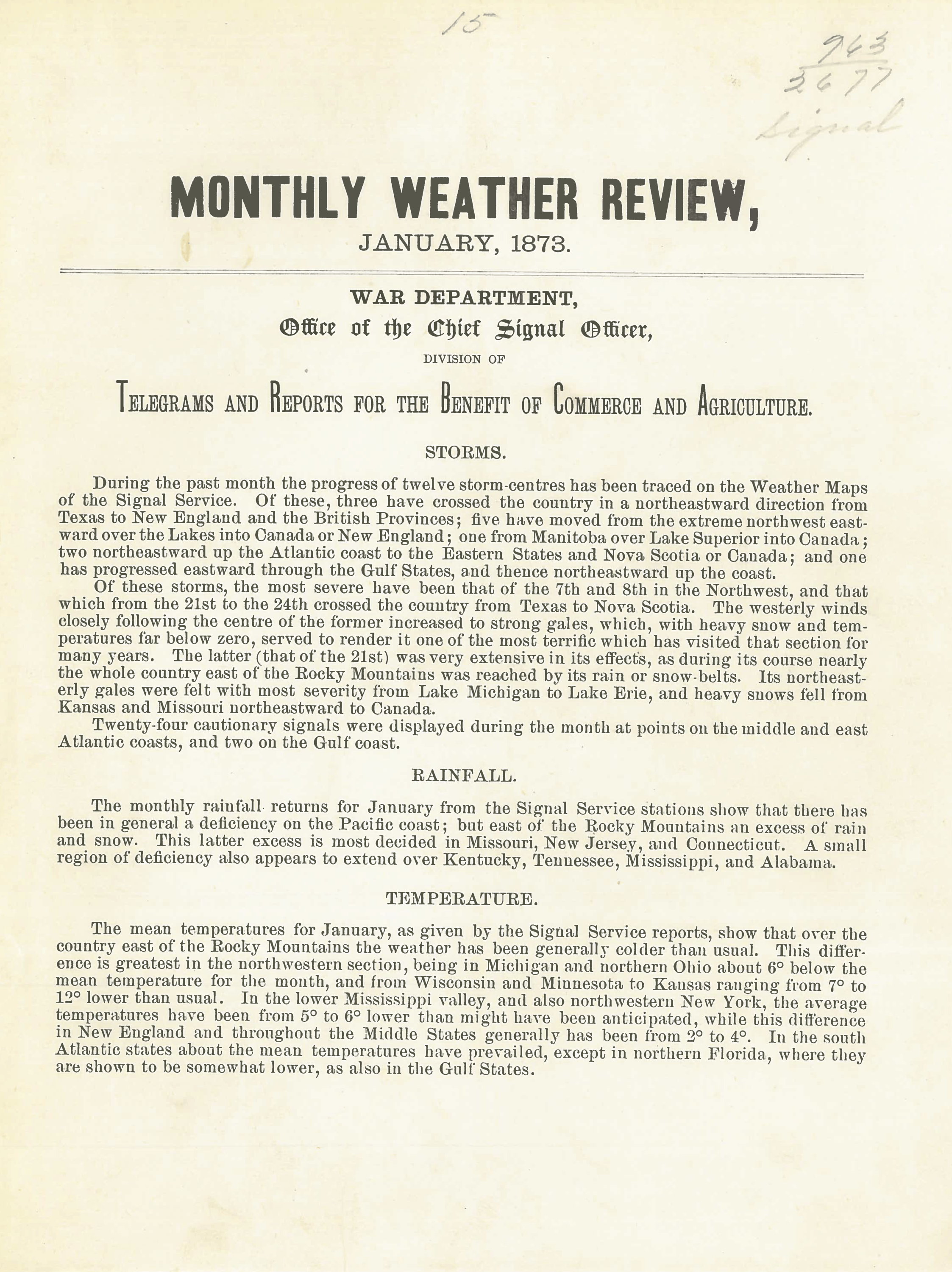 One-page written summary of weather from January 1873 issue of Monthly Weather Review. The sizes of the full page (including margins cropped for display here) is 8 in. × 10 in. for the text page. Scan courtesy of Deirdre Clarkin, NOAA Central and Regional Libraries.