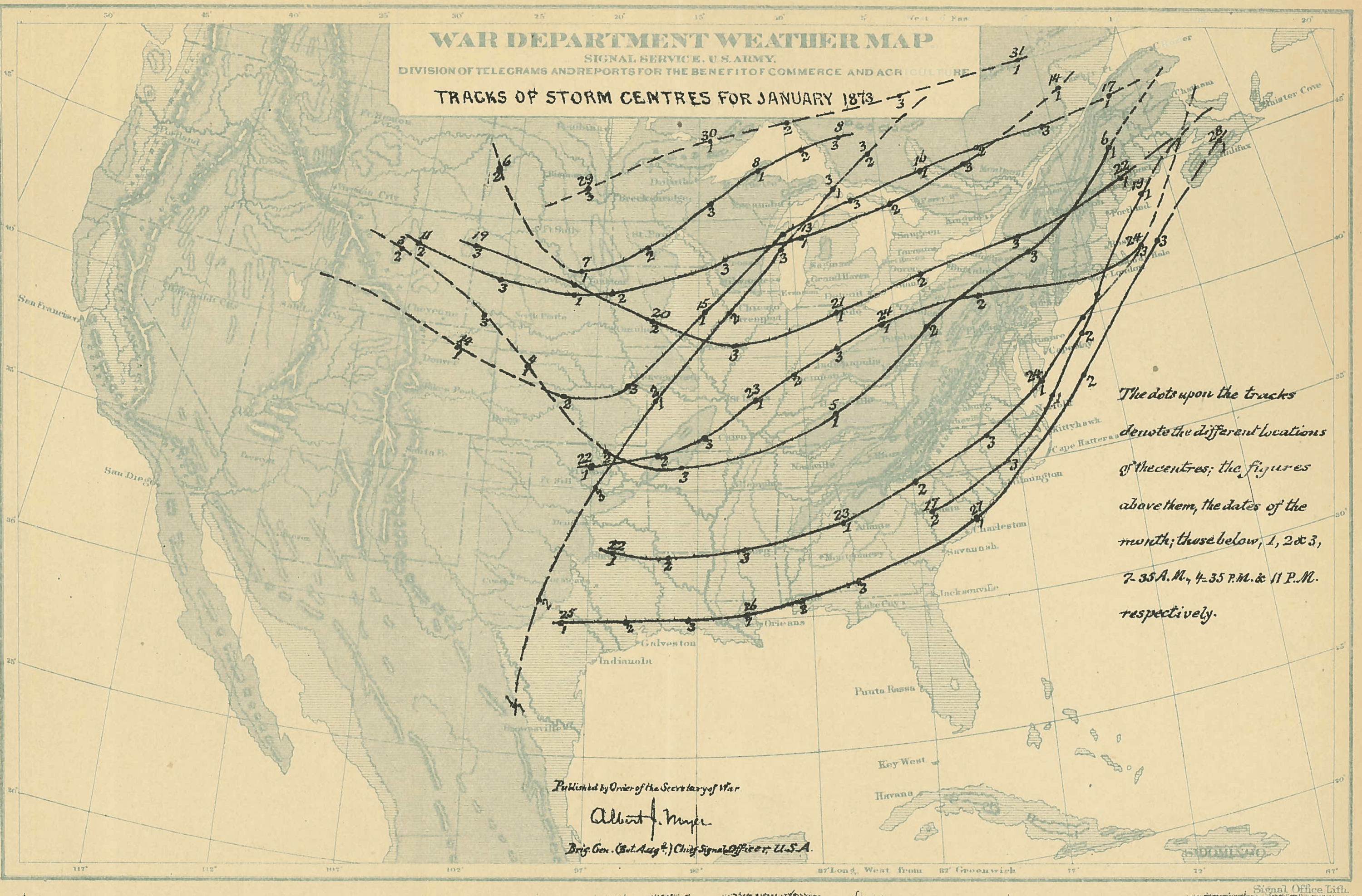 Weather Map from the first issue of Monthly Weather Review from January 1873. The sizes of the full page (including margins cropped for display here) is 11.5 in. × 9.25 in. for the chart. Scan courtesy of Deirdre Clarkin, NOAA Central and Regional Libraries.