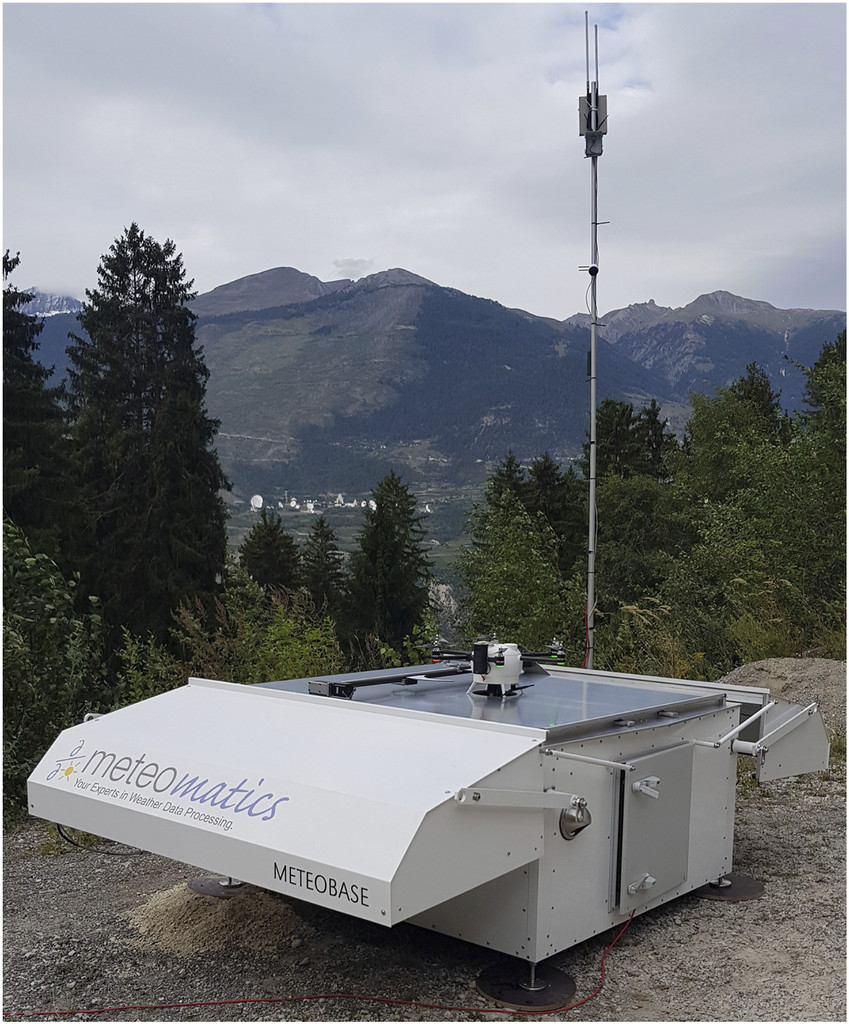  Fully automated launch and recharge system for a WxUAS. The WxUAS flies straight up, takes  measurements, and lands on the base for recharging via a connector. [From Leuenberger, et al., 2020]