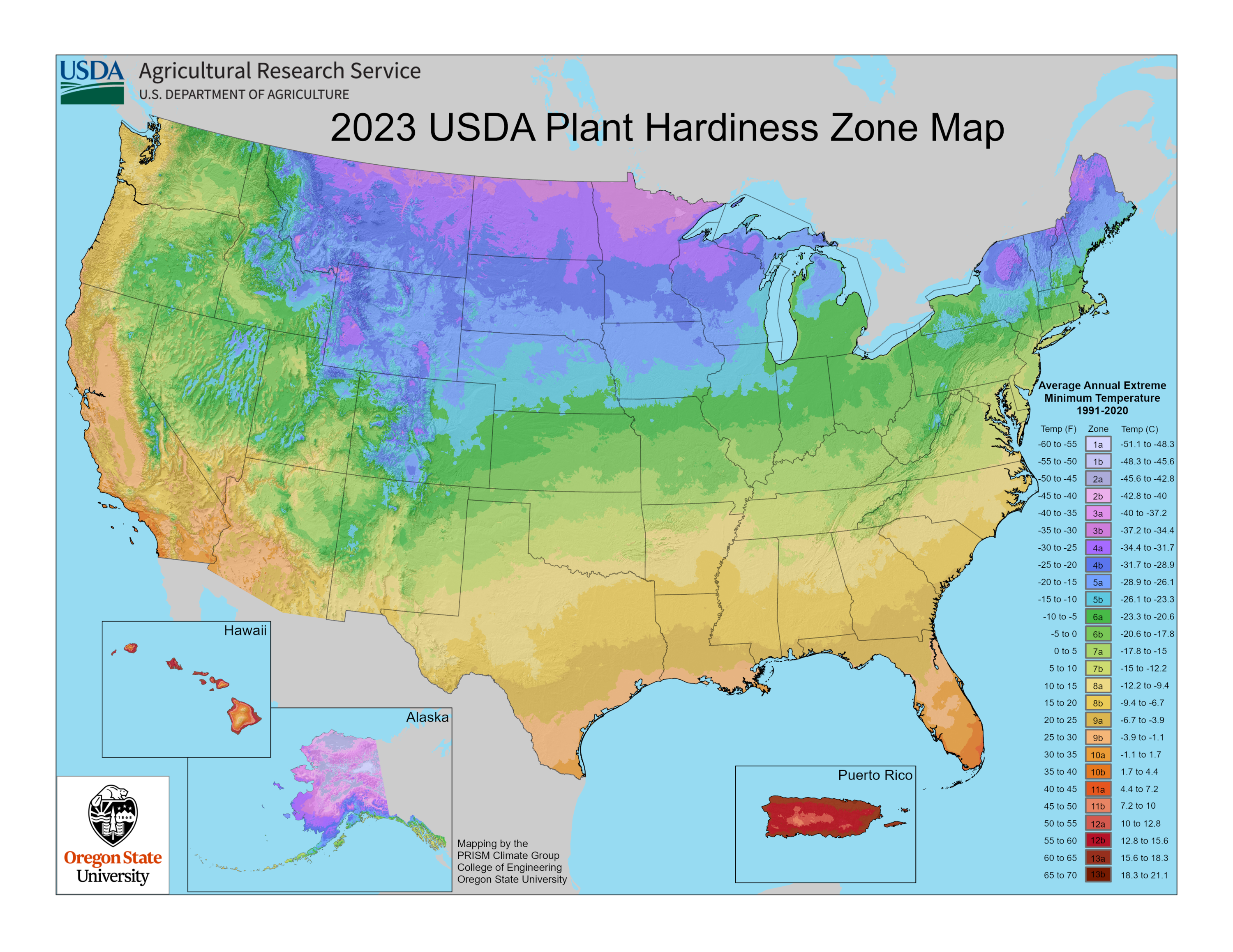 The new 2023 USDA Plant Hardiness Zone Map for the United States. Individual state maps can be found on the USDA Plant Hardiness Website.
