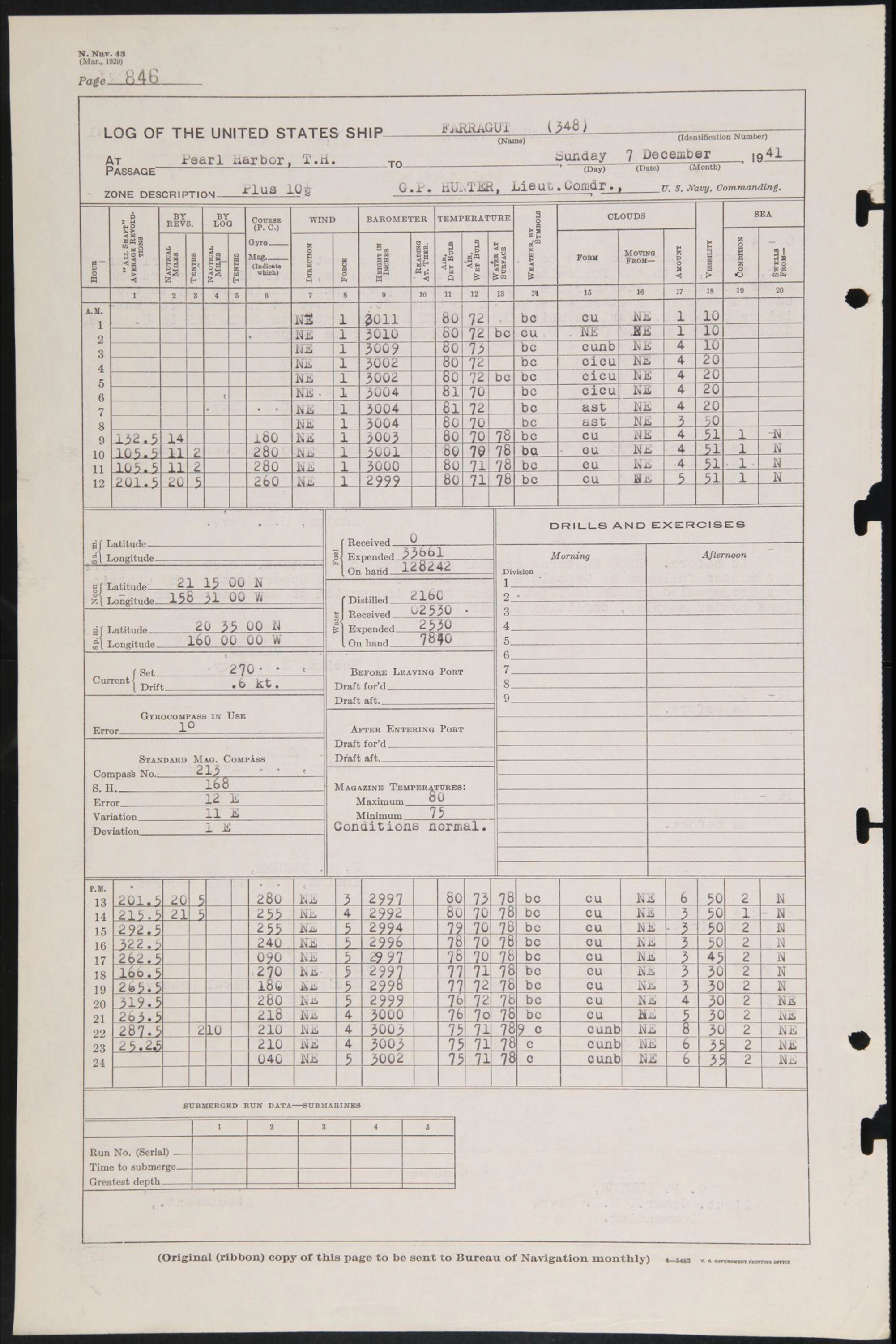 A logbook page from the USS Farragut on the day of the attack on Pearl Harbor, 7 Dec 1941. It includes the ship’s name, passage to/from, date, zone, commanding officer, meteorological information, and navigation information.  [Image Credit: Teleti et al. 2023]