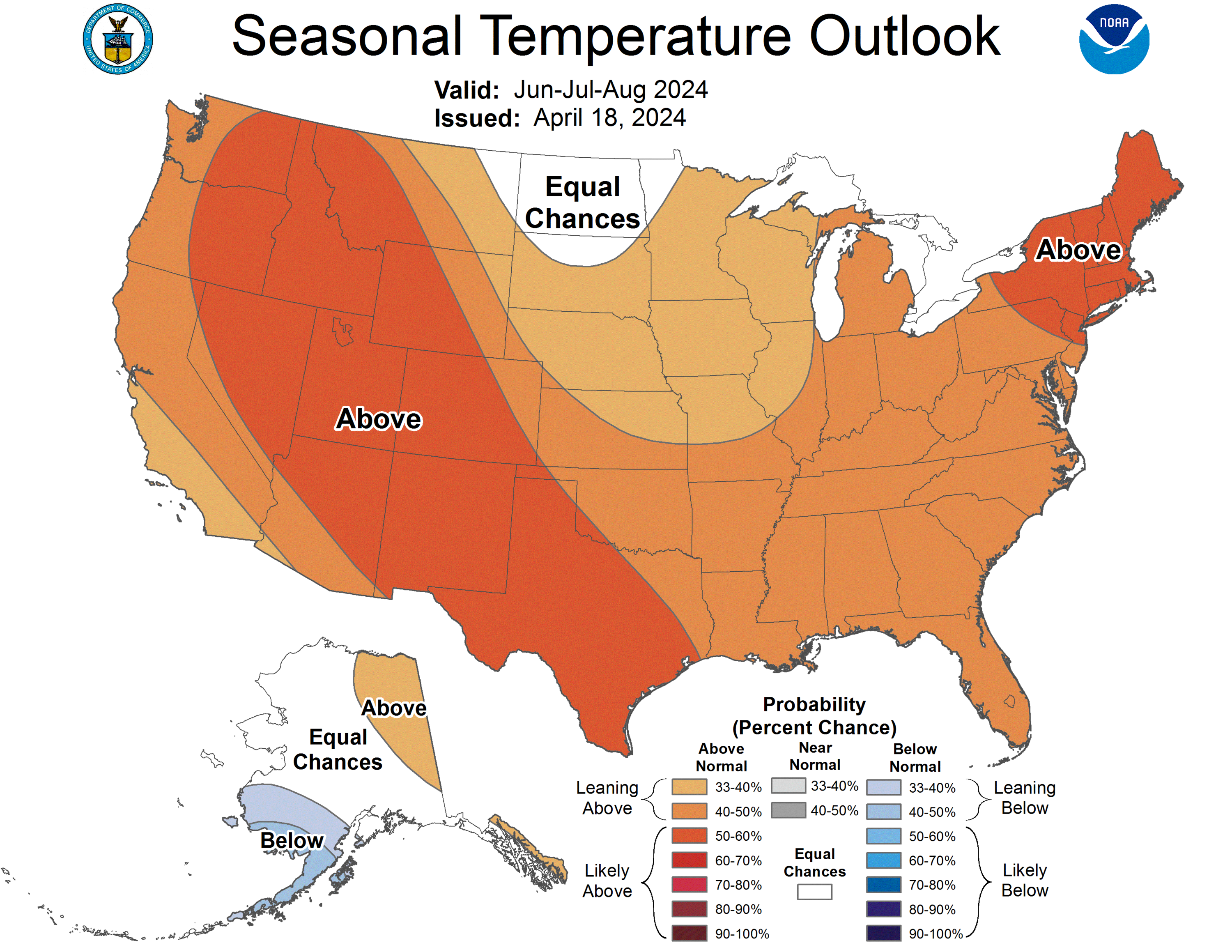 The Climate Prediction Center Seasonal temperature outlook for June – August 2024 shows the probability of regions seeing above-normal, near-normal and below-normal temperatures. (Source: NOAA)