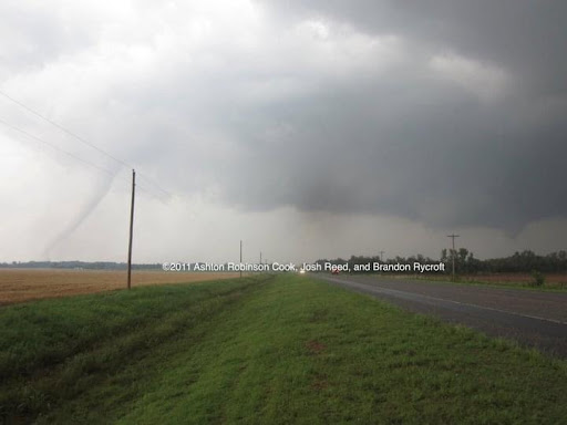 Image: Two tornadoes spawned from the Dibble to Goldsby, OK supercell from May 24, 2011. The tornado on the left was weakening, but had produced high-end EF4 damage along its path in McClain County, OK earlier in its life cycle. The tornado on the right and produced EF1 damage just east of the initial tornado. Credit: Ashton Robinson Cook, Josh Reed, and Brandon Rycroft 