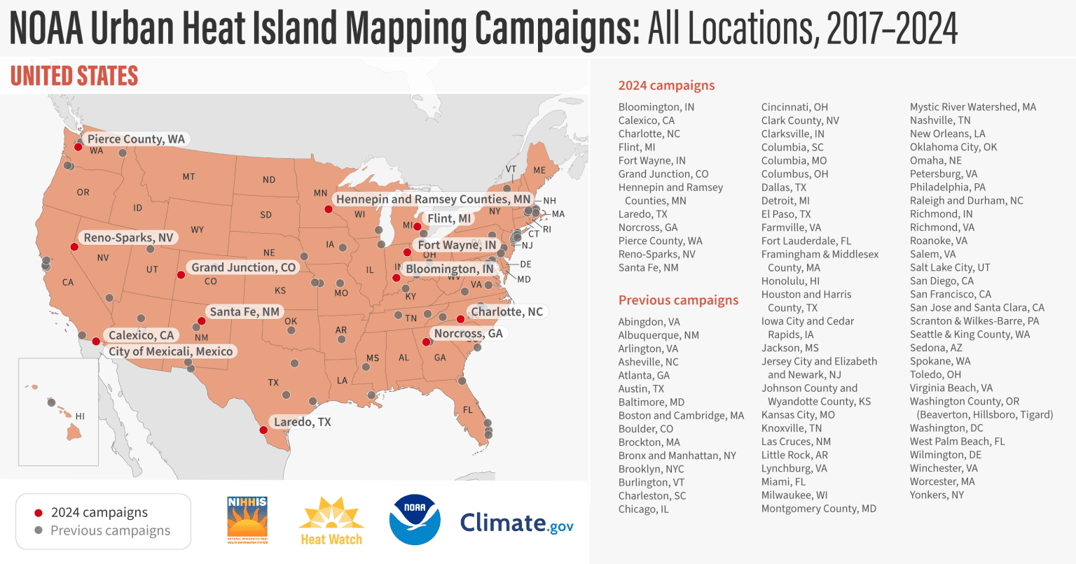 Federal and local partners will work with community scientists to map urban heat islands in 14 U.S. communities this summer. (Source: NOAA)